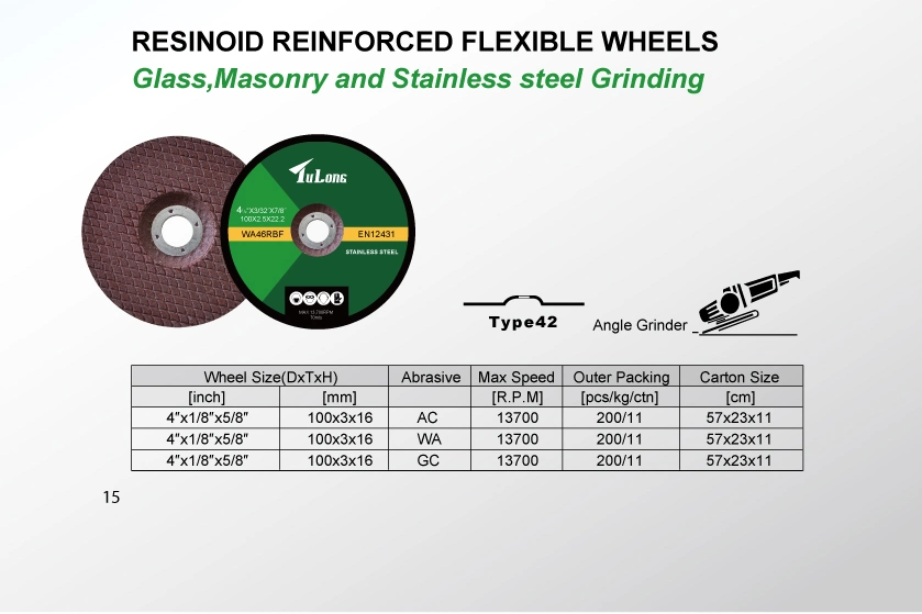Resinoid Reinforced Flexible Wheels for Glass, Masonry and Stainless Steel Grinding